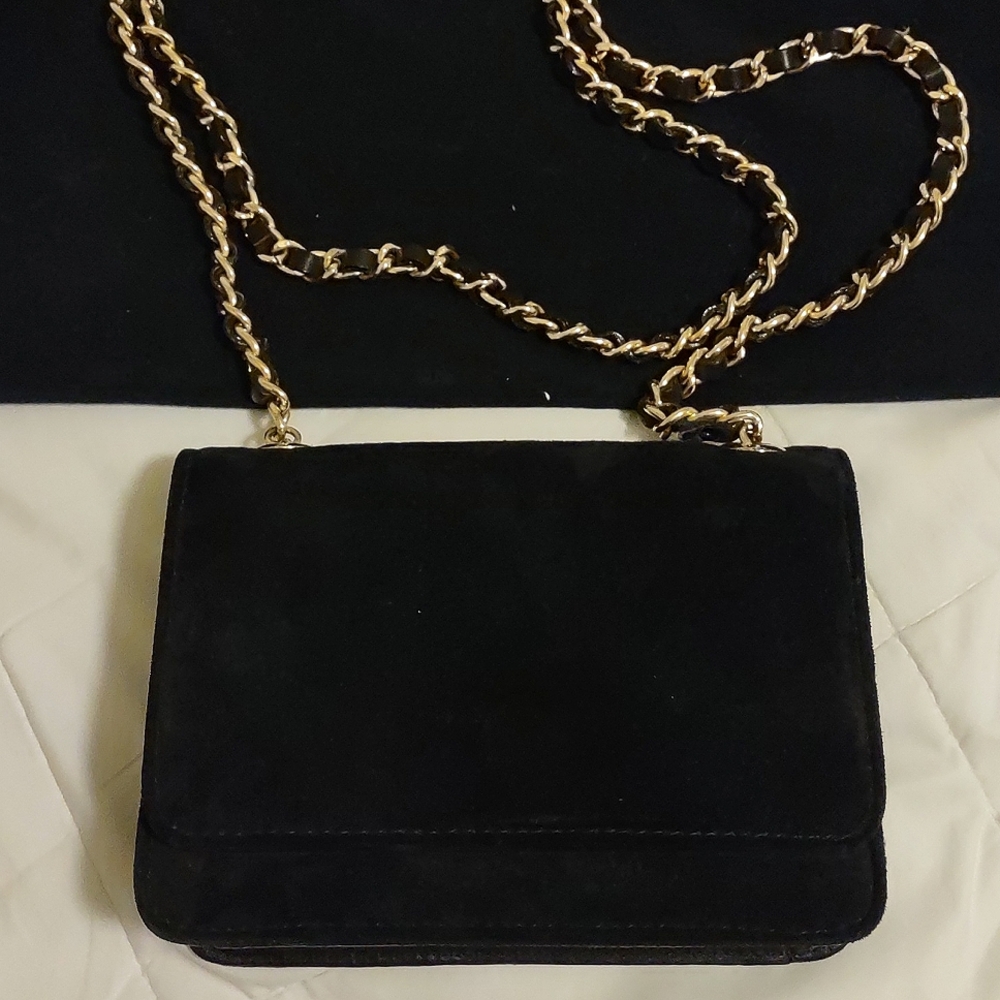 Suede Leather Evening Bag with Long  Heavy Chain Strap,  Elegant